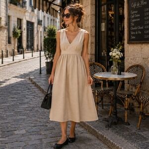 Vtg Barneys NY Linen Blend Midi Dress S Tan Sleeveless A-Line Minimalist Luxury